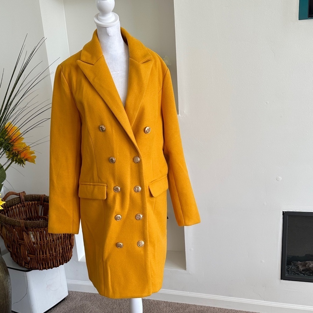 Idealsanxun Stylish Mustard Double-Breasted Pea Coat - Picture 2 of 7
